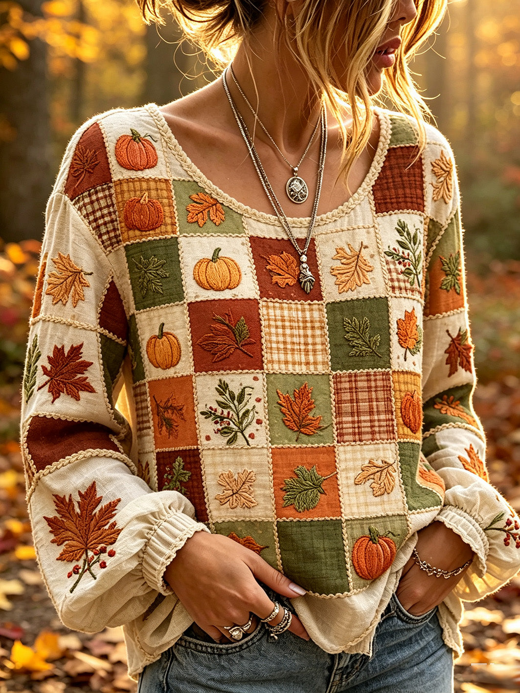 Women's autumn maple leaf element pattern printed casual cotton-linen shirt