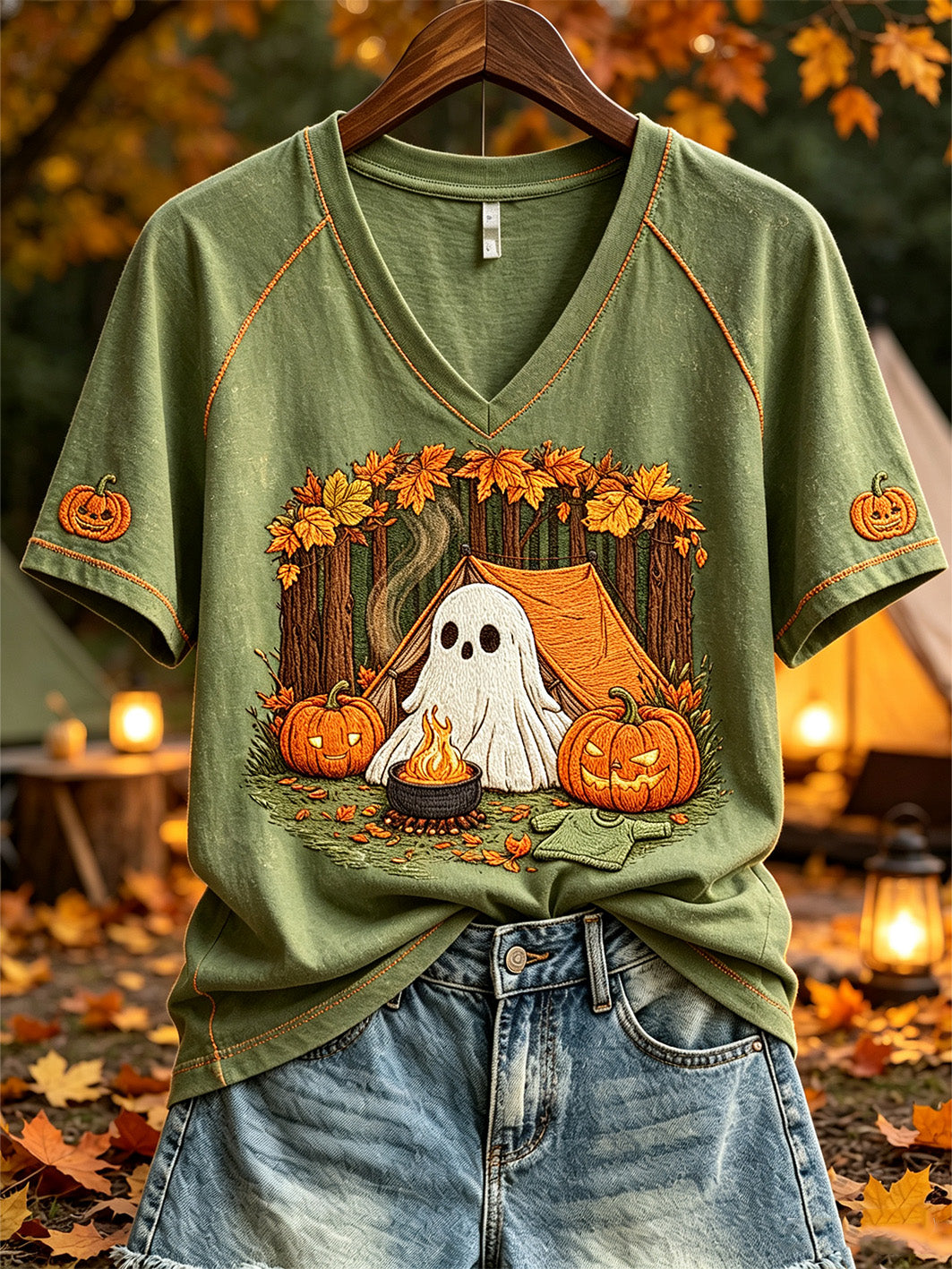 Women's cute ghost camping pattern printed casual short-sleeve T-shirt