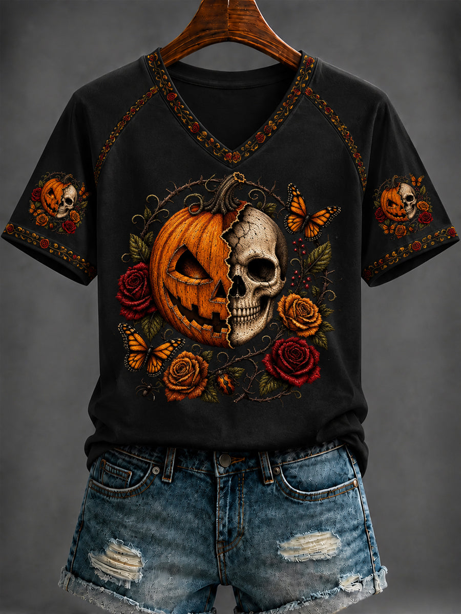 Women's Halloween Printed V-neck T-shirt