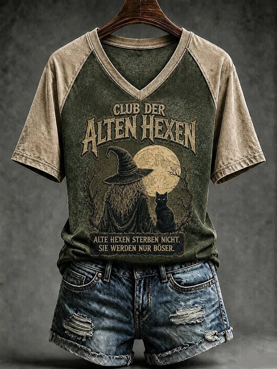 Women's Funny Halloween Print V-neck T-shirt