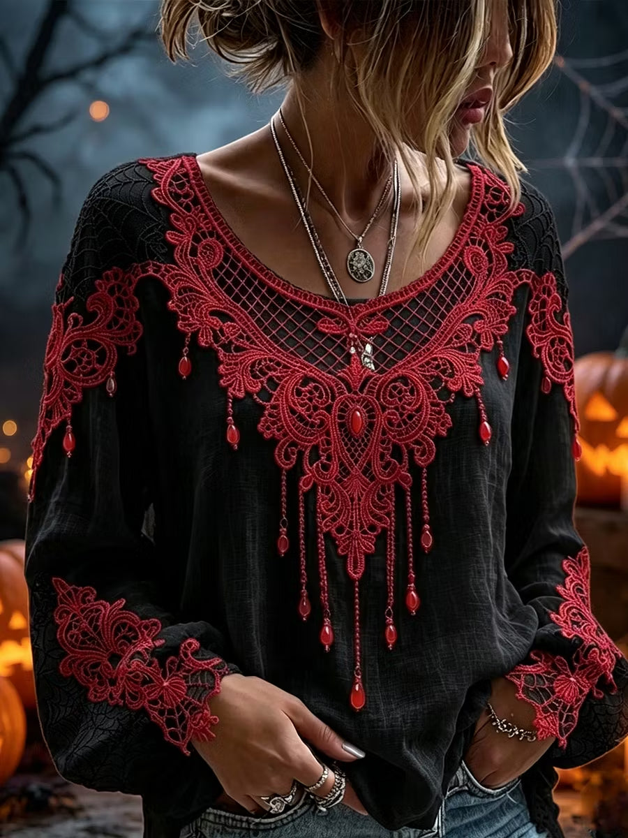 Women's Halloween Print Cotton-Linen Shirt