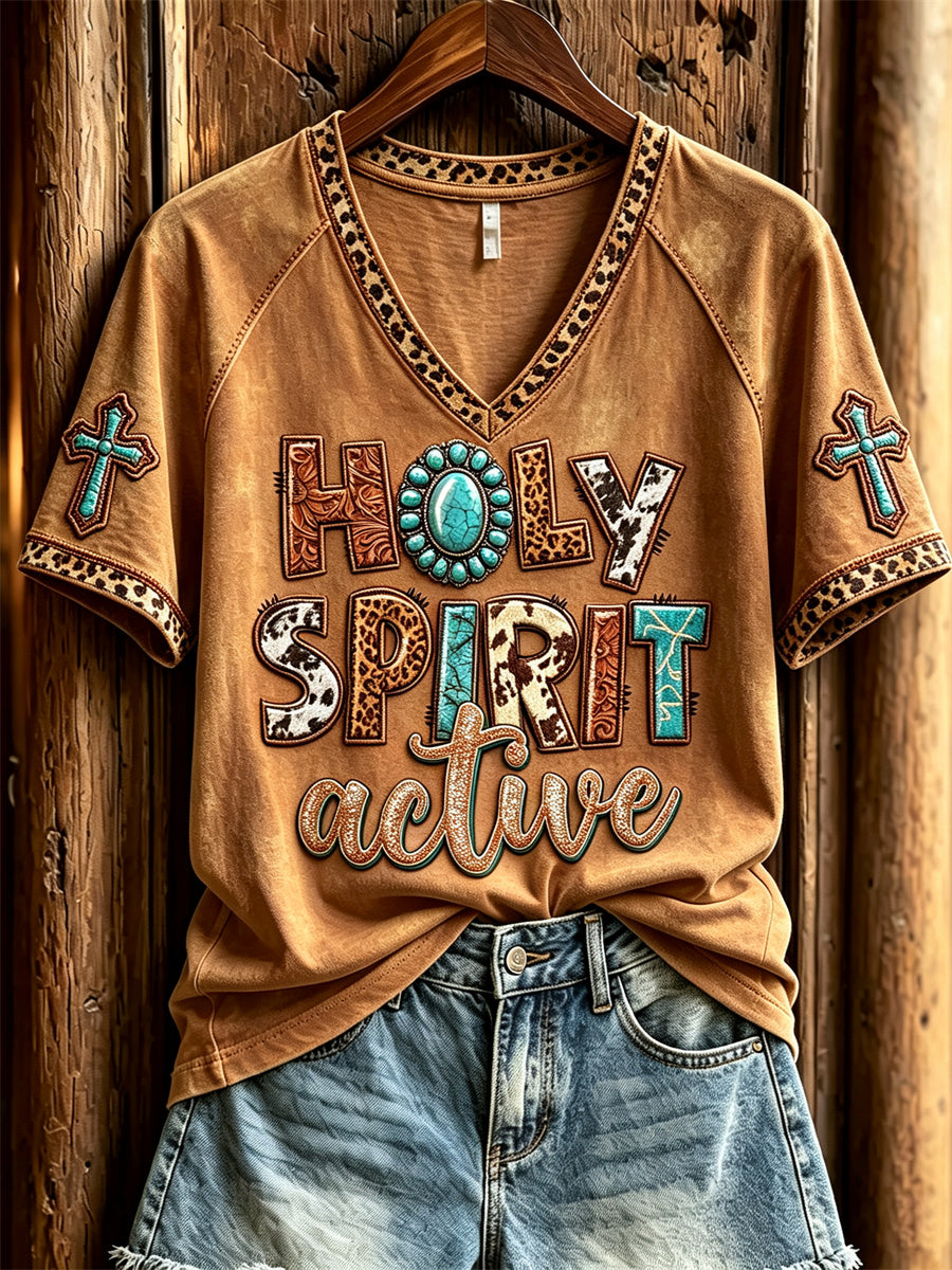 Women's Holy Spirit Active Turquoise Leopard Cowhide Western Print short-sleeved T-shirt