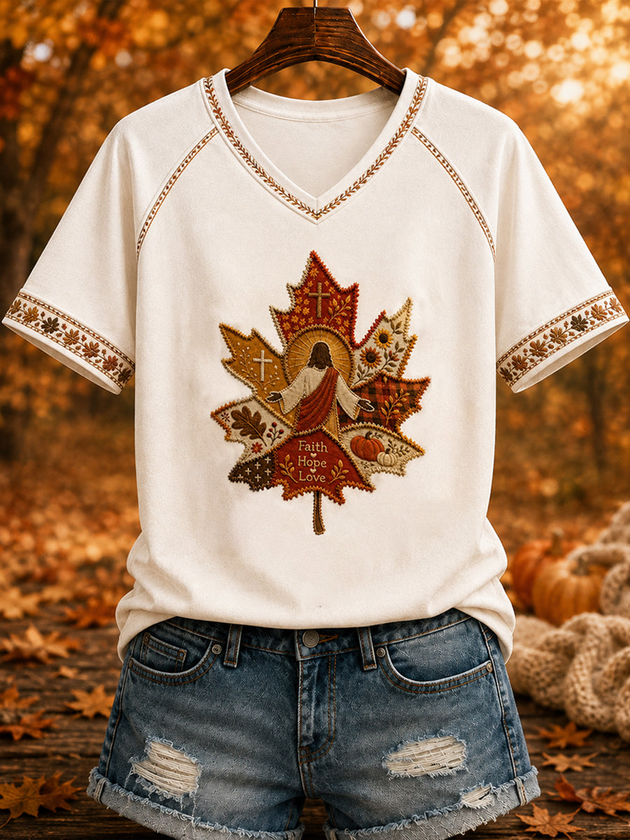 Women's Autumn Art "JESUS" Printed V-neck T-shirt
