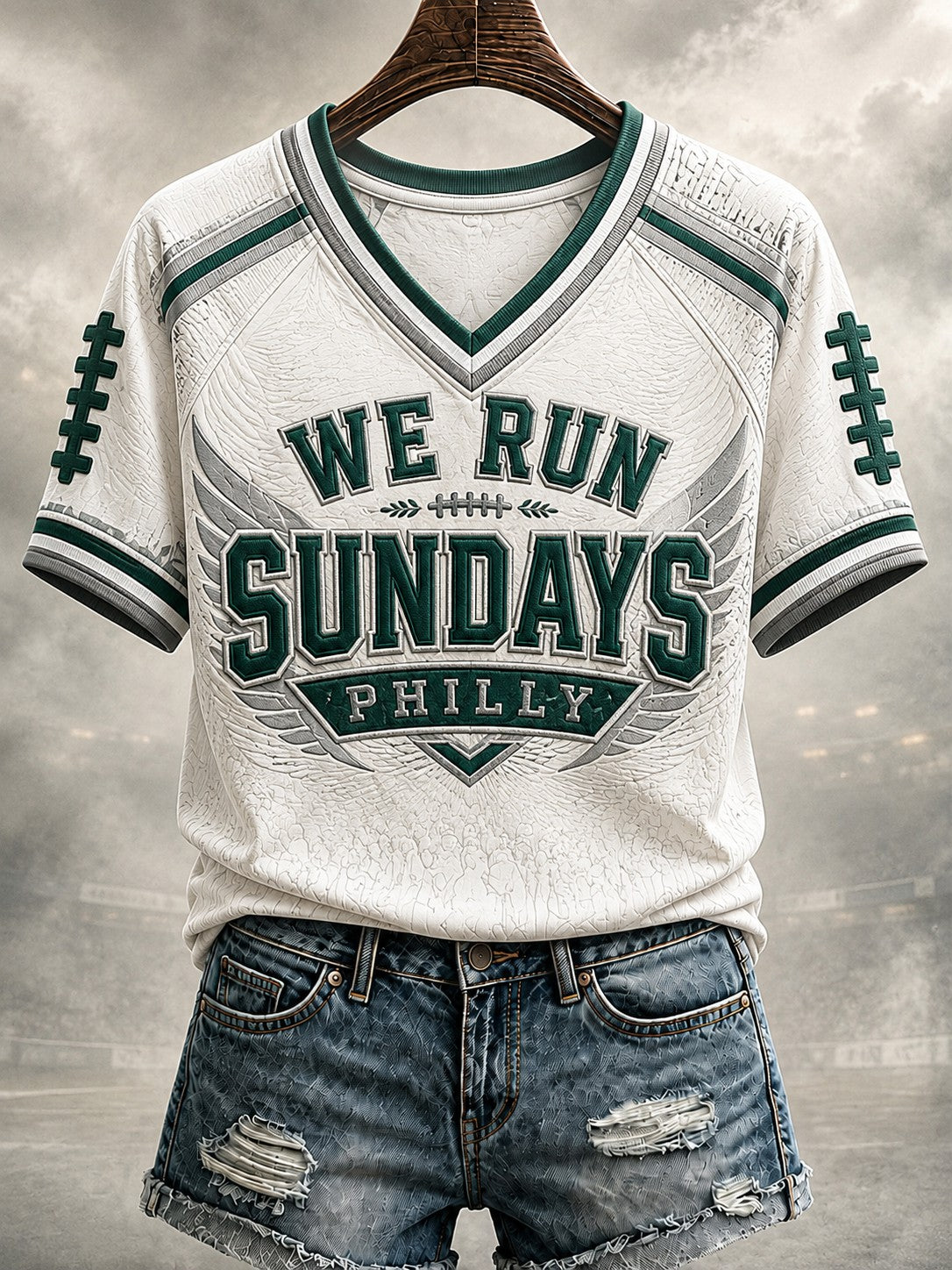 Women's Football Philly WE RUN SUNDAYS Printed V-neck T-shirt