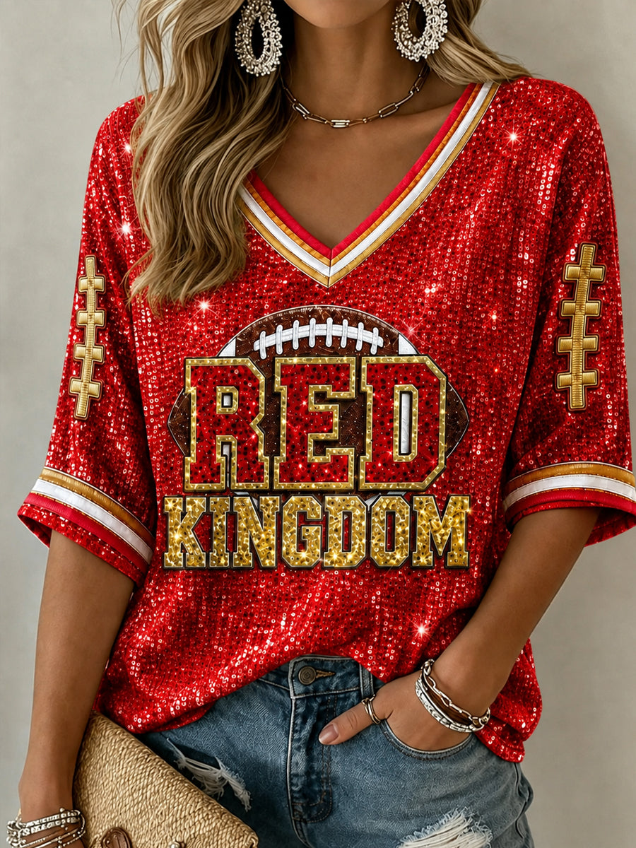 Women's Football Gameday Gift For Football Fans Mid-length Sleeves V-Neck T-Shirt