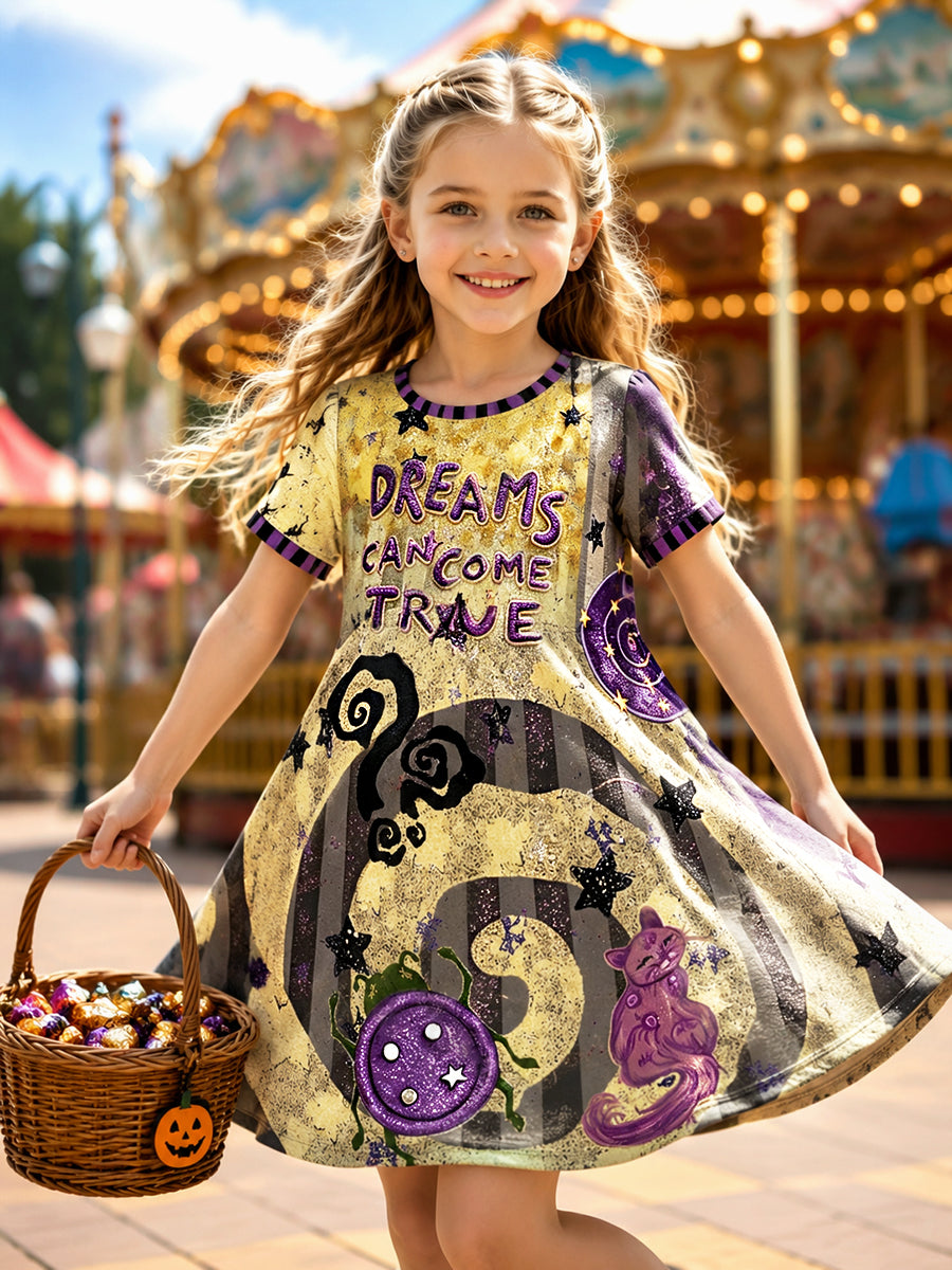 Girls' Halloween-Printed Casual Fall Short-Sleeve Dress