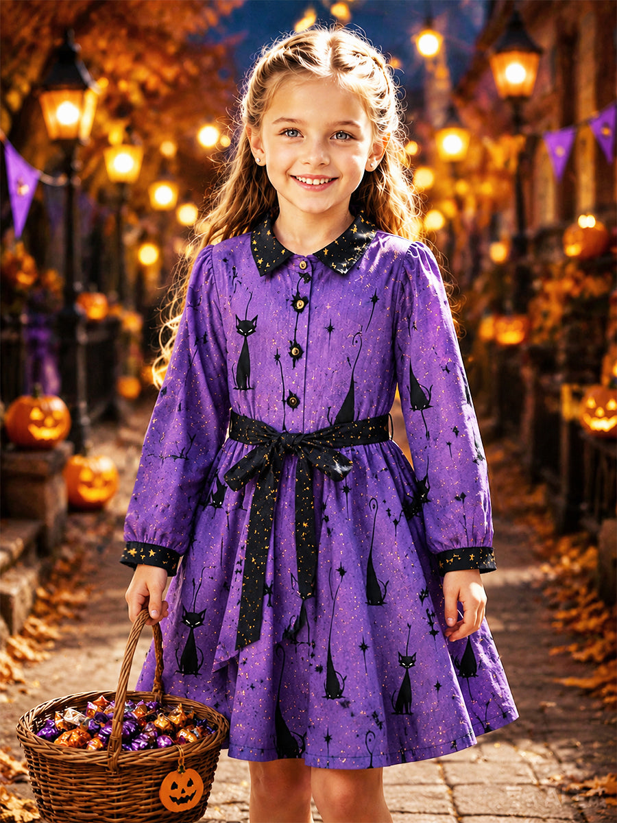 Girls' Purple Halloween-Printed Casual Fall Long-Sleeve Shirt Dress