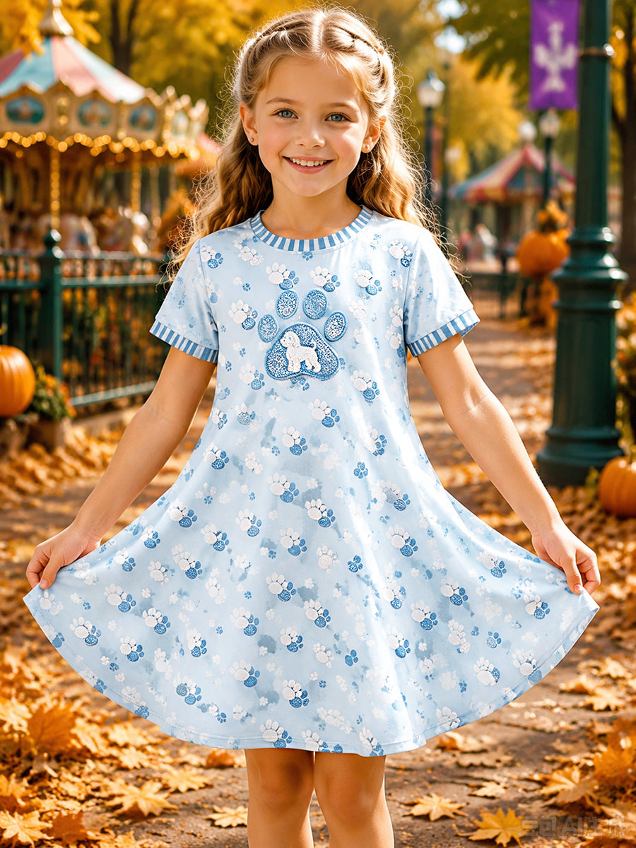 Girls' Blue Puppy-Print Fall Casual Dress
