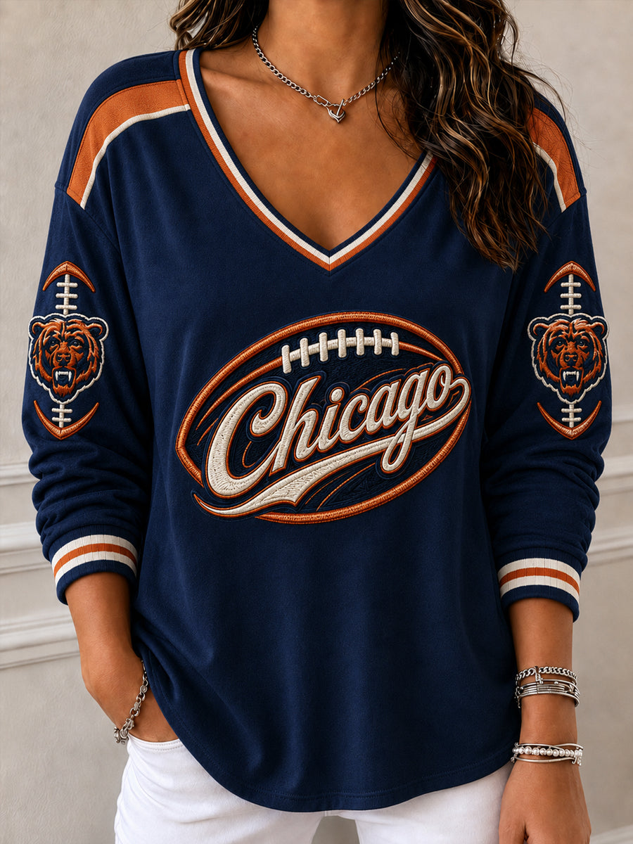 Women's Football Gameday Gift For Football Fans V-Neck Long Sleeve T-Shirt