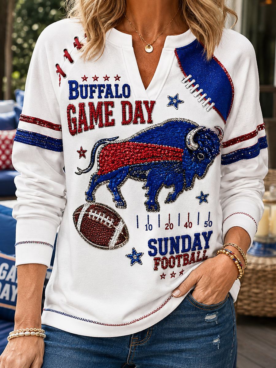 Women's Buffalo Football Casual V-Neck Sweatshirt