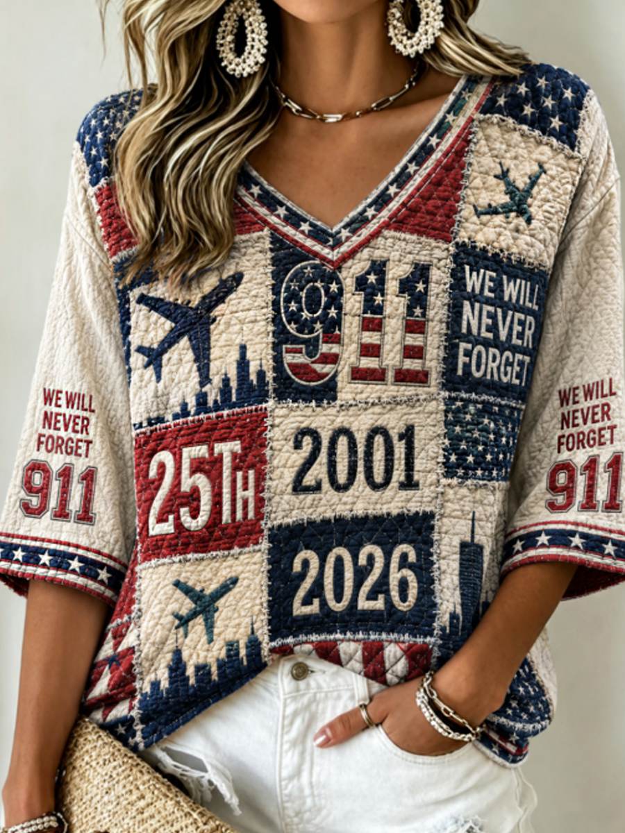 Women's We Will Never Forget 9 11 September 11 Mid-length Sleeves V-Neck T-Shirt