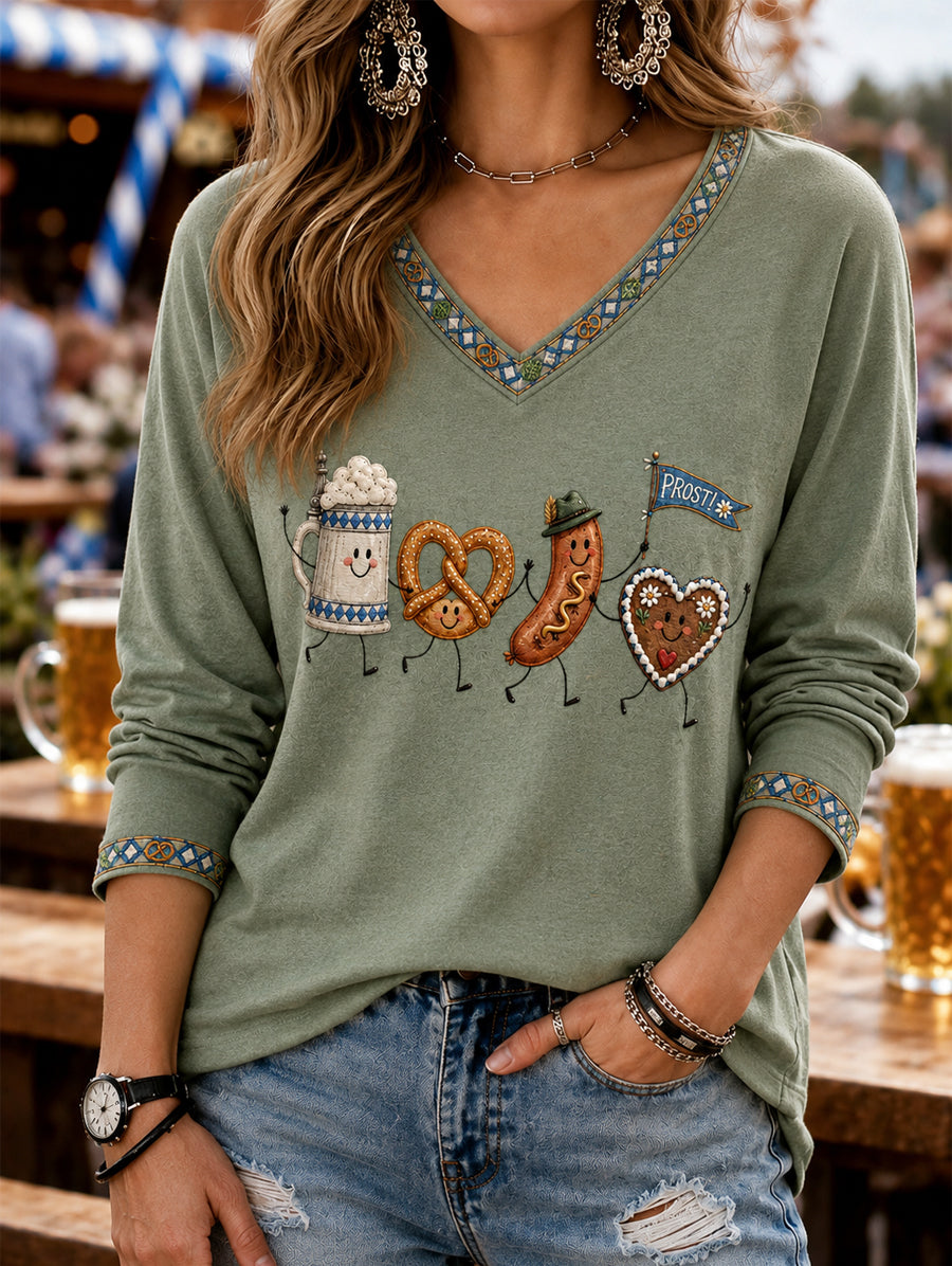 Women's Oktoberfest Prost! Print Casual V-Neck Long-Sleeve T-Shirt