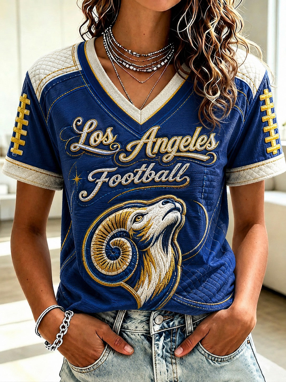 Women's Football Los Angeles Printed V-neck T-shirt