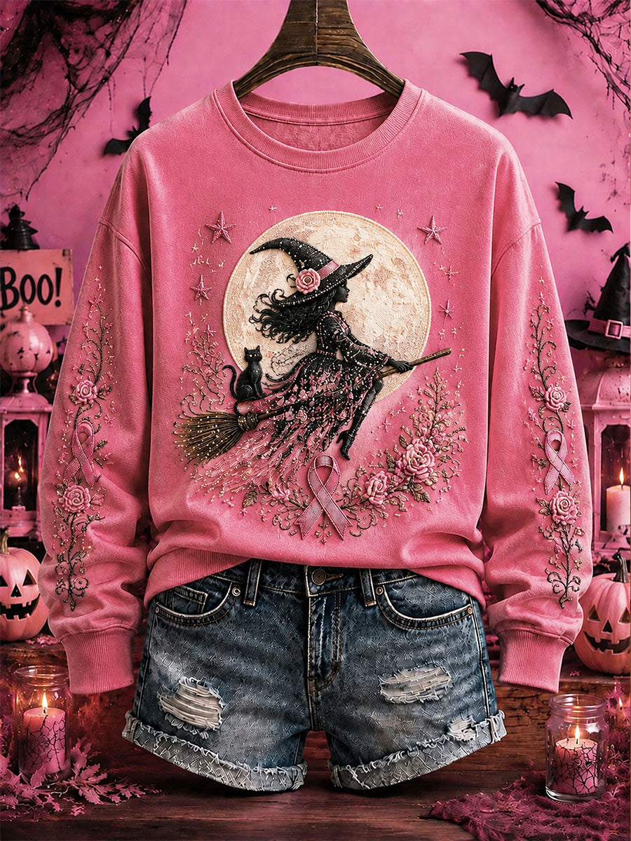 Women's Breast Cancer Awareness Halloween Witch-Themed Casual Regular Sweatshirt