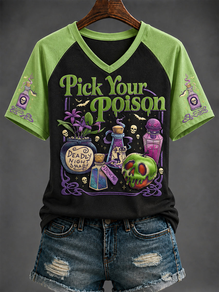 Women's Halloween “Pick Your Poison” Printed V-neck T-shirt