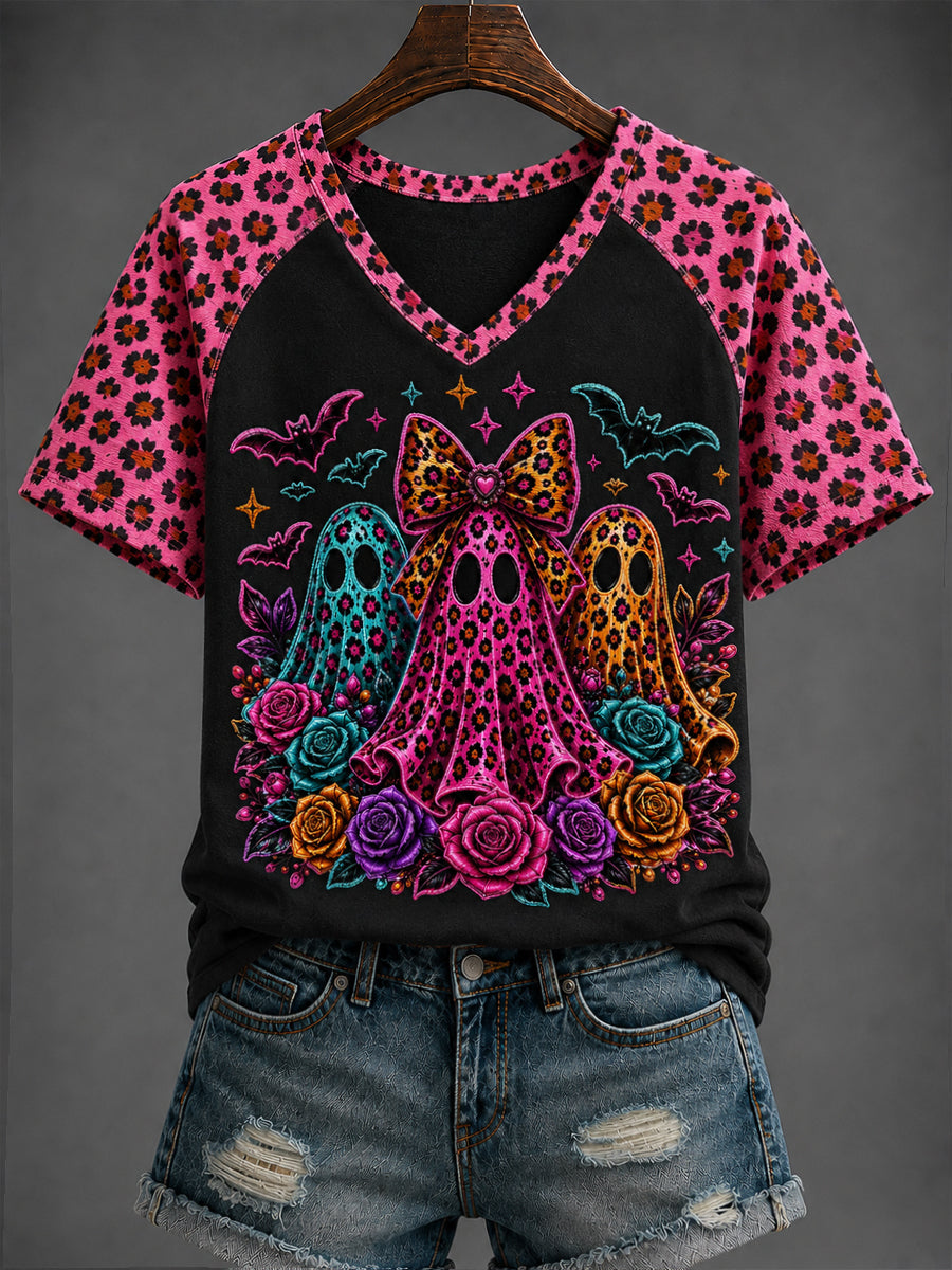 Women's Halloween Printed V-neck T-shirt