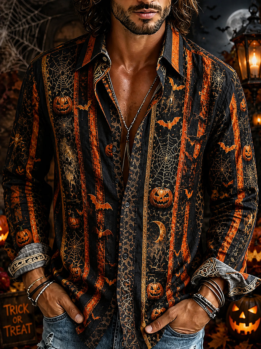 Men's Long-Sleeve Shirt With Halloween-Themed Print