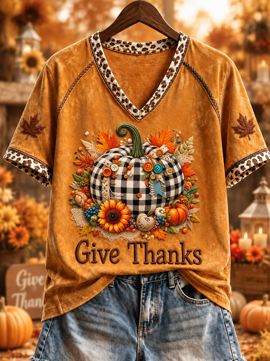 Women's Canda Thanksgiving Day Printed Vintage Fashion Loose Short Sleeve T-Shirt