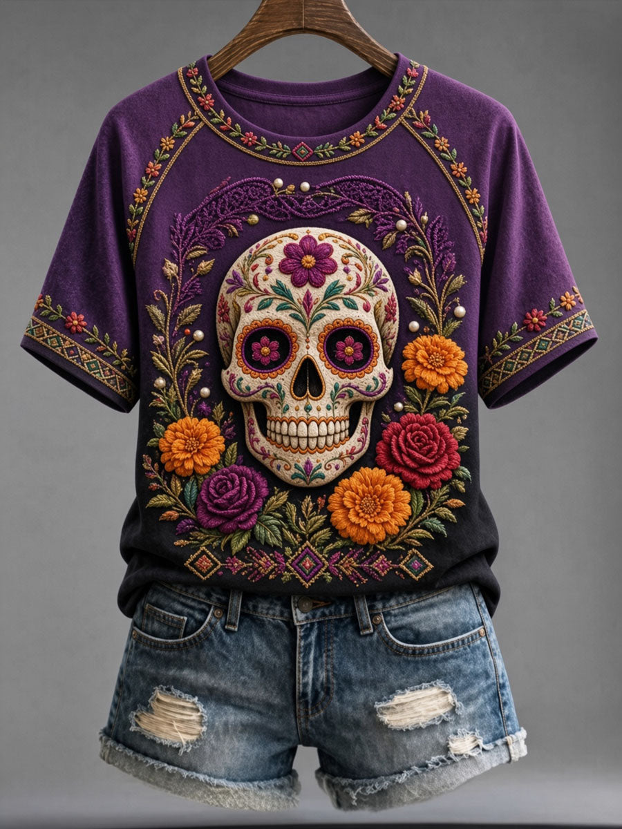 Women's Day of the Dead Skull Print Casual Short Sleeve T-Shirt