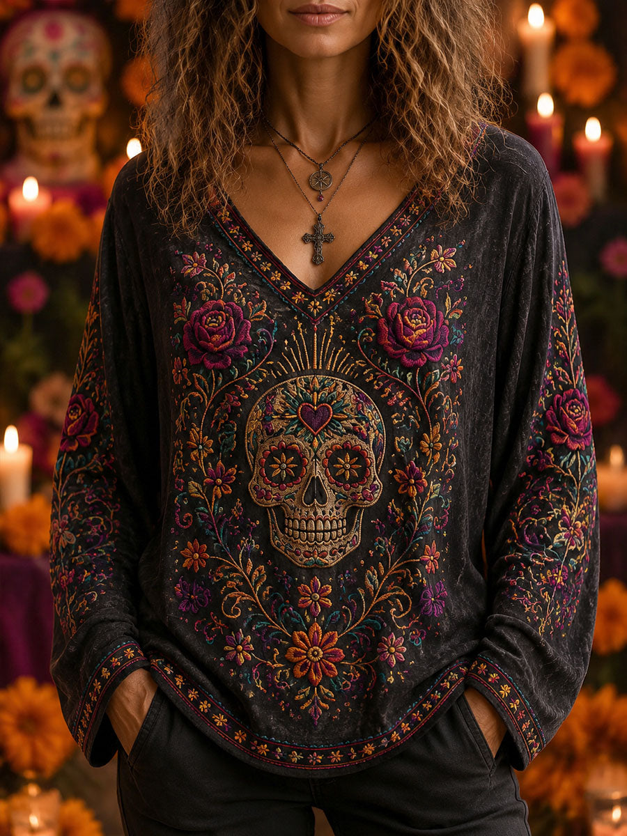 Women's Day of the Dead Skull Print Casual long T-shirt