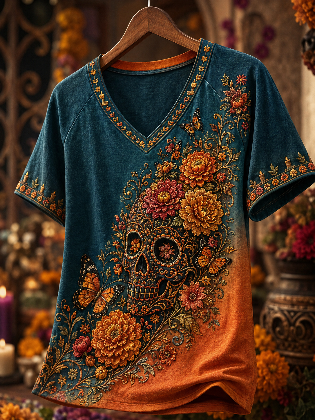 Women's Day Of The Dead V-Neck Off-Shoulder Short-Sleeved T-Shirt