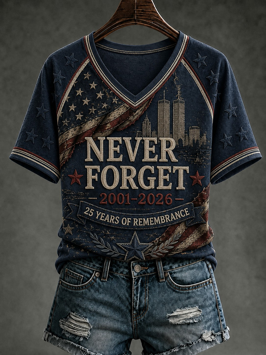 Women's 9.11 Never Forget Printed V-neck T-shirt