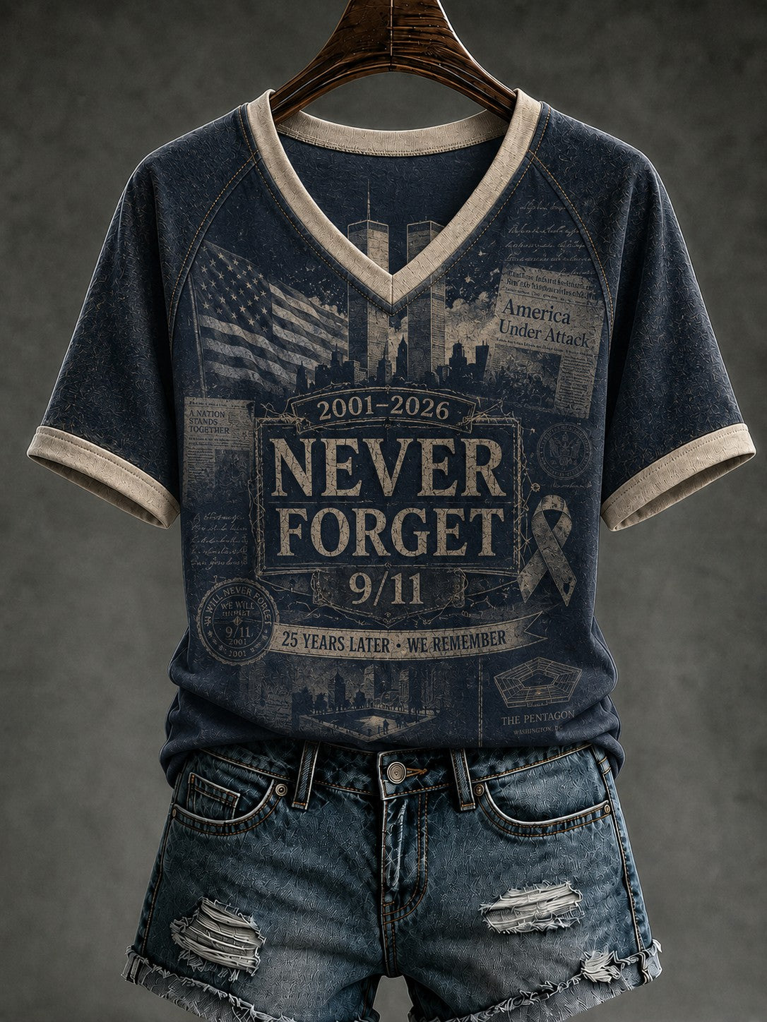 Women's 9.11 Never Forget Printed V-neck T-shirt