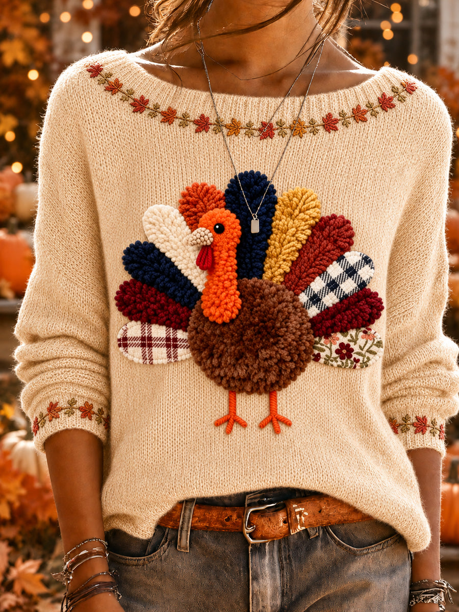 Women's Canada Thanksgiving Day Art Printed Long Sleeve Round Neck Sweater
