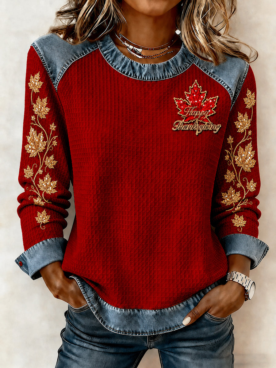 Women's Canada Thanksgiving Day Printed Patchwork Long Sleeve Sweatshirt