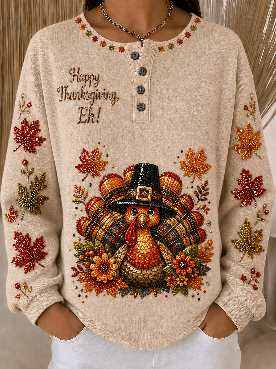 Women's Canda Thanksgiving Day Art Printed Long Sleeve Henley Shirt