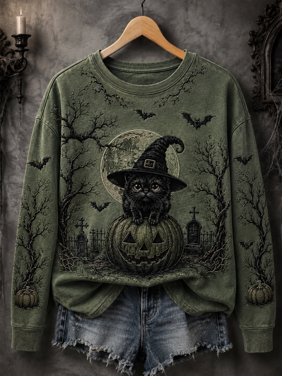 Women's Halloween Cat Print Sweatshirt