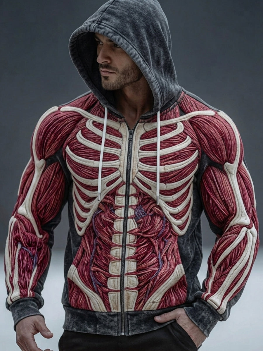 Men's Vintage Muscle Anatomy Texture Skeleton Print Cozy Zip-Up Hoodie