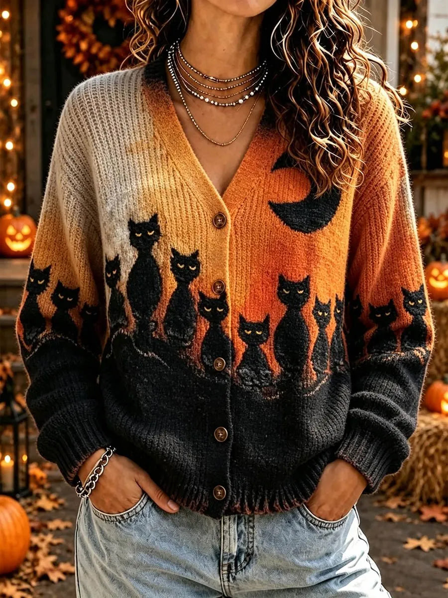 Women's Halloween Cat Print Cardigan