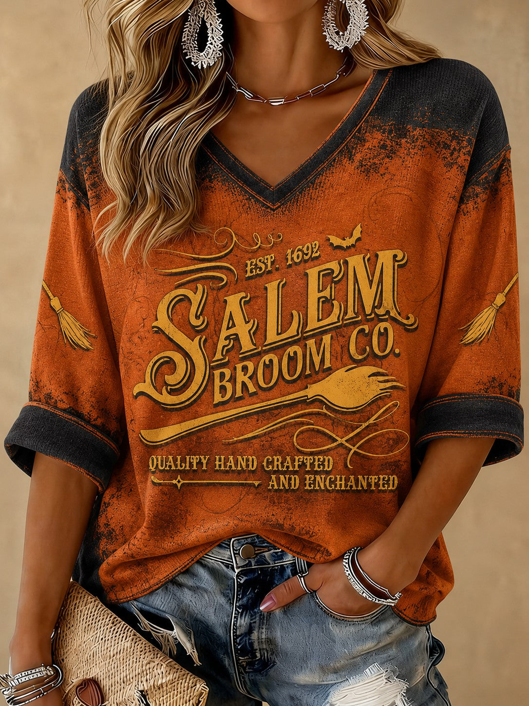 Women's Salem Broom Company Printed Mid-length Sleeves V-neck T-shirt