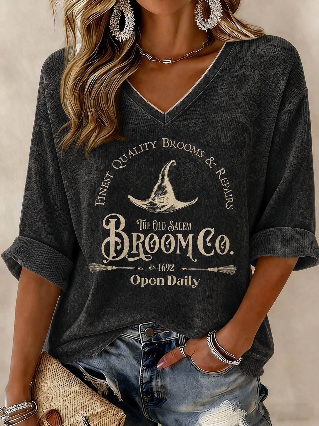 Women's Salem Broom Company Printed Mid-length Sleeves V-neck T-shirt