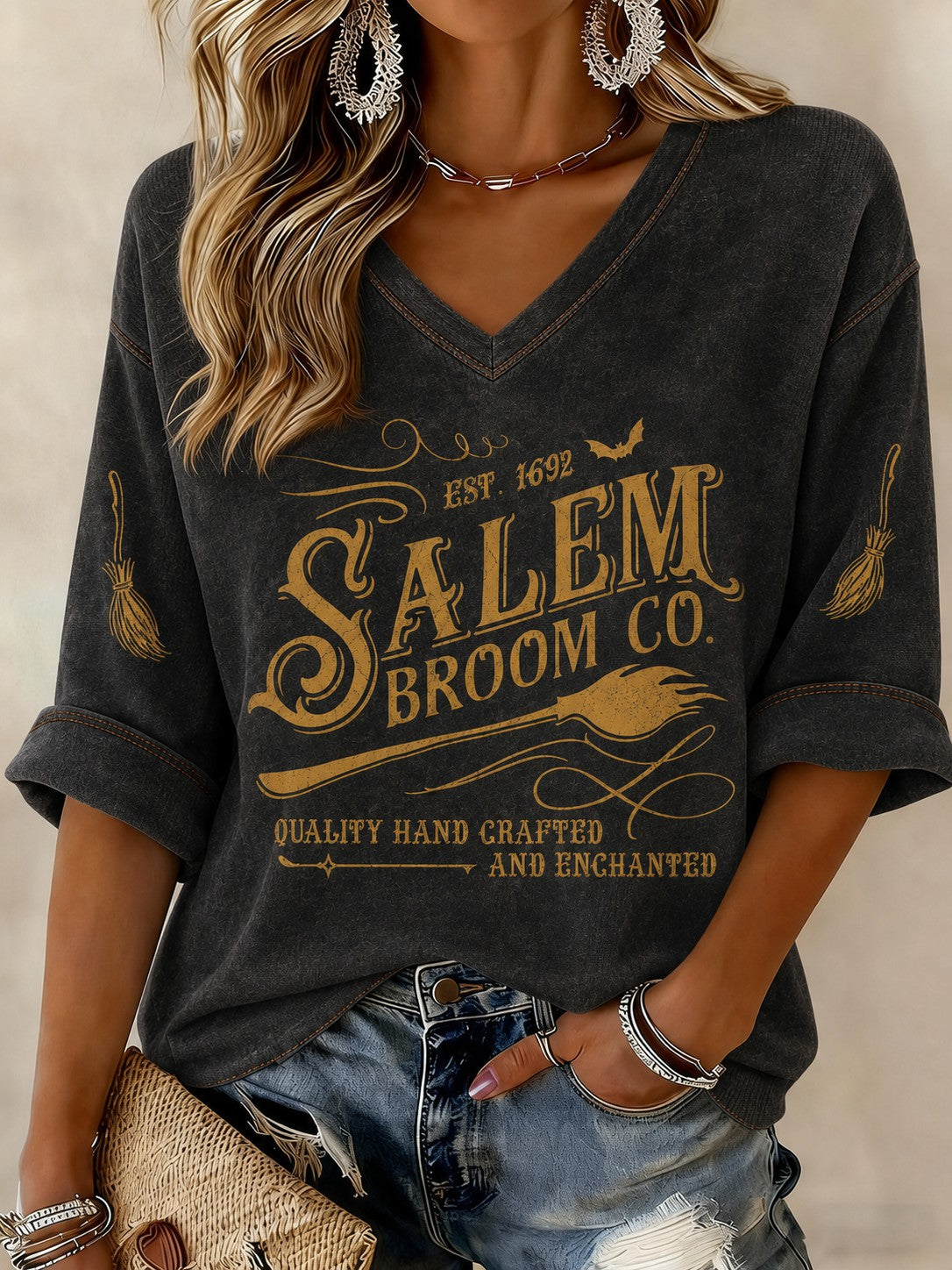 Women's Salem Broom Company Printed Mid-length Sleeves V-neck T-shirt