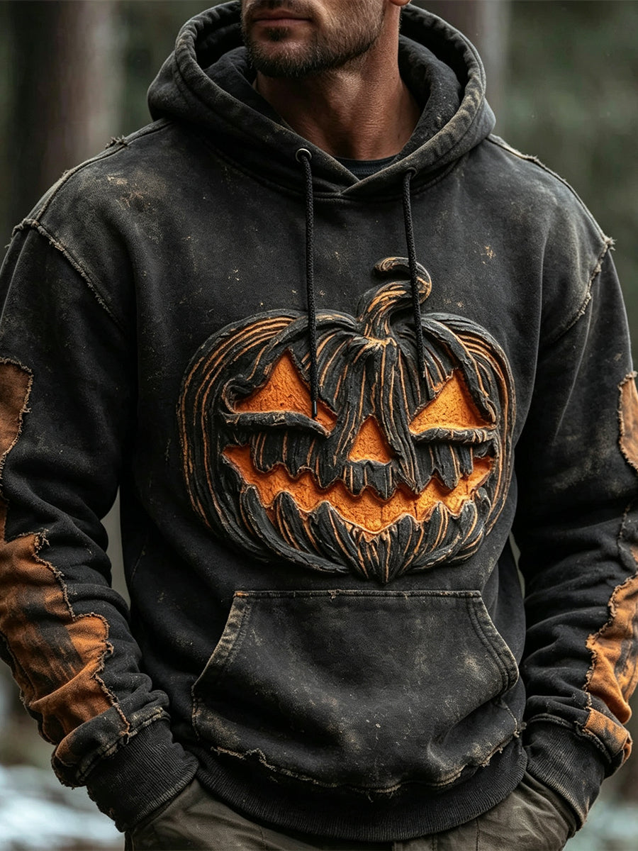 Men's Halloween Spooky Pumpkin Face Print Cozy Hoodie