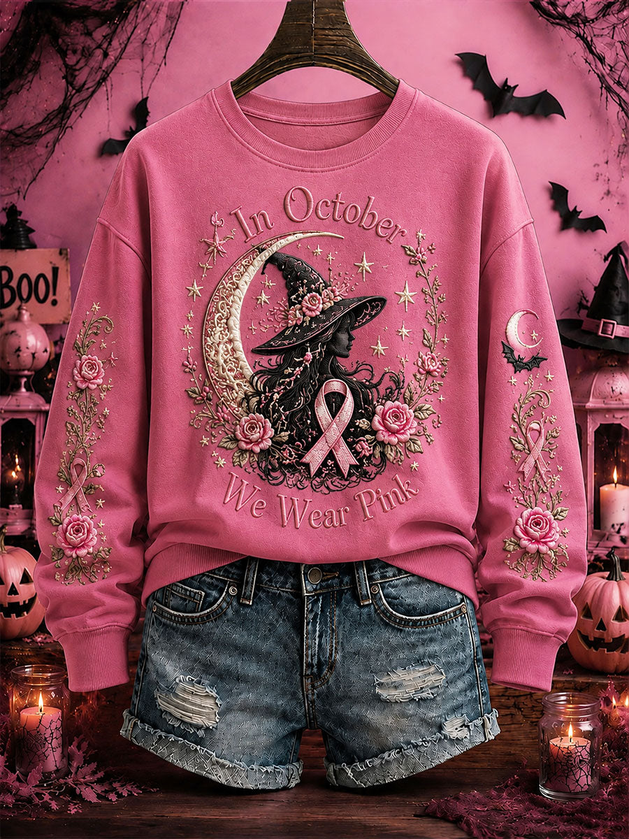 Women's Breast Cancer Awareness Halloween Witch-Themed Casual Regular Sweatshirt