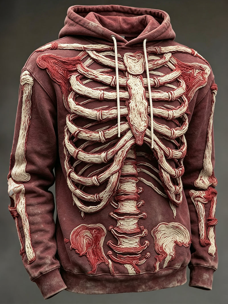 Men's Vintage Skeleton Print Halloween Inspired Cozy Hoodie