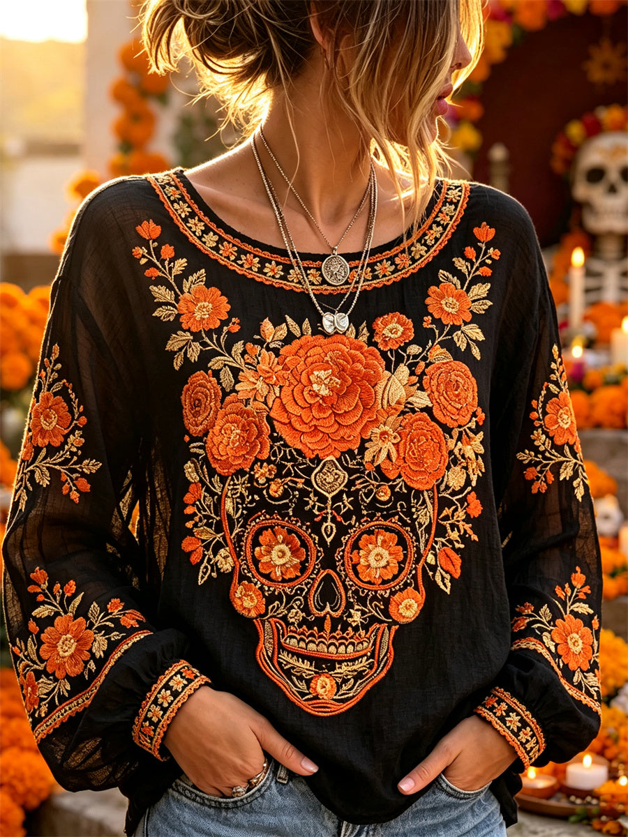 Women's Day of the Dead Sugar Skull Marigolds Floral Print Cotton-Linen Shirt