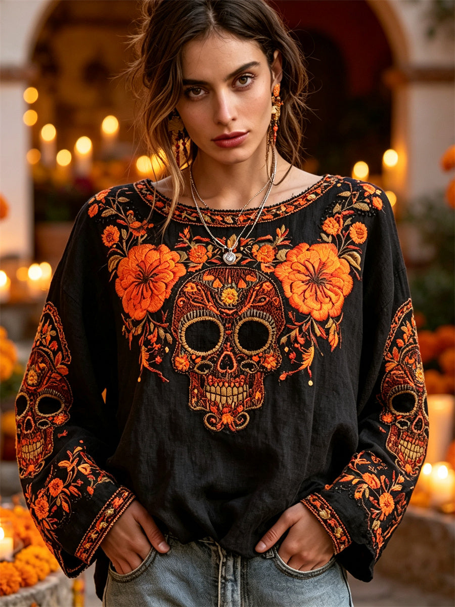 Women's Day of the Dead Sugar Skull Marigolds Floral Print Cotton-Linen Shirt