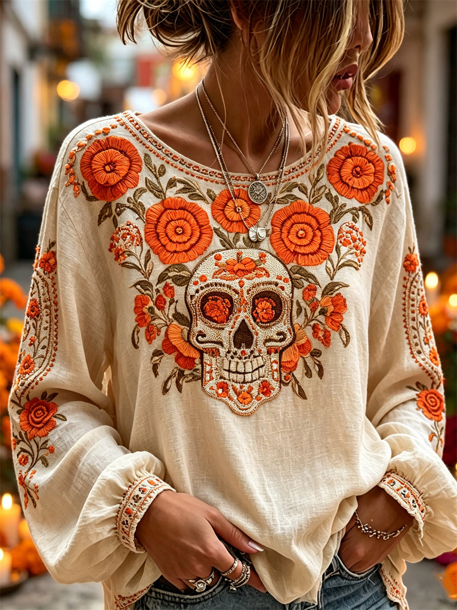 Women's Day of the Dead Sugar Skull Marigolds Floral Print Cotton-Linen Shirt