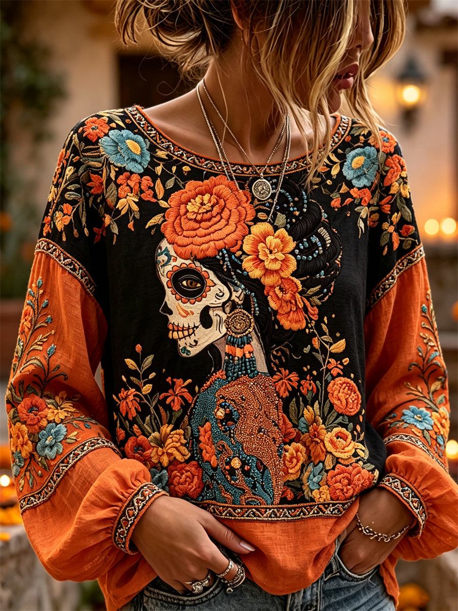 Women's Day of the Dead Sugar Skull Marigolds Floral Print Cotton-Linen Shirt