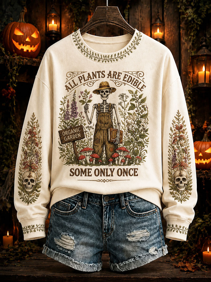 Women's "All Plants Are Edible Some Only Once" Halloween Floral Print Casual Regular Sweatshirt