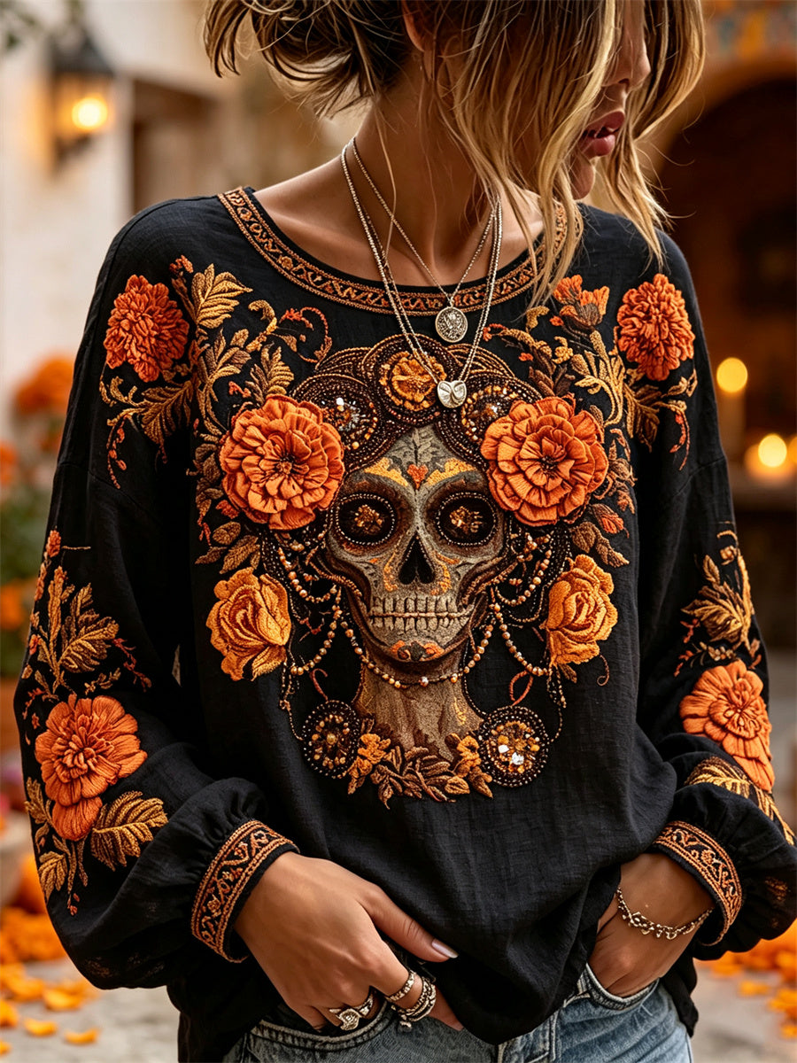 Women's Day of the Dead Sugar Skull Marigolds Floral Print Cotton-Linen Shirt