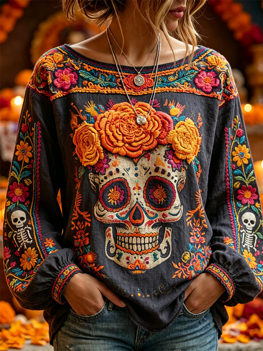 Women's Day of the Dead Sugar Skull Marigolds Floral Print Cotton-Linen Shirt