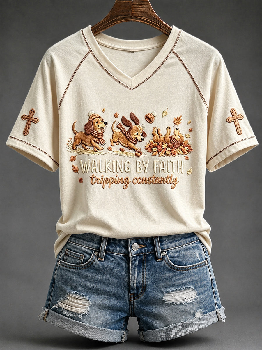 Women's Walking By Faith Tripping Constantly Dachshund Print V-neck Short-sleeved T-shirt