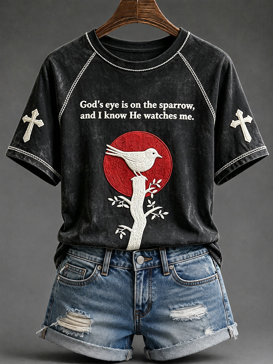 Women's His Eye Is on the Sparrow Faith Print Round Neck Short Sleeve T-shirt