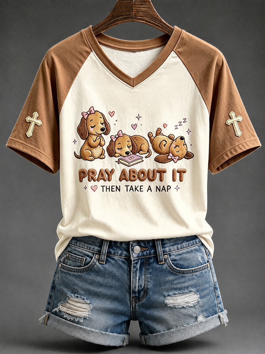 Women's Pray About It Then Take A Nap Dachshund Print V-neck Short-sleeved T-shirt
