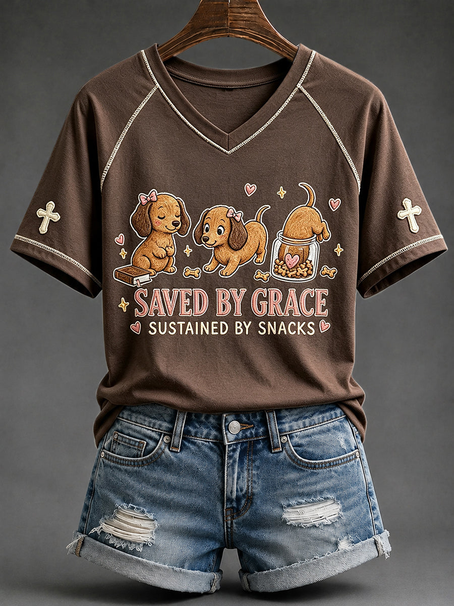 Women's Saved By Grace Sustained By Snacks Dachshund Print V-neck Short-sleeved T-shirt
